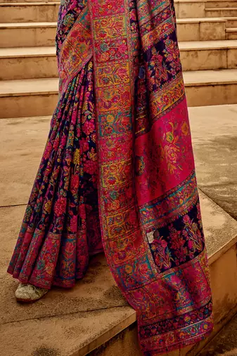 Design Blue Modal Kashmiri Pashmina Silk Bland Woven Saree With Blouse For Women