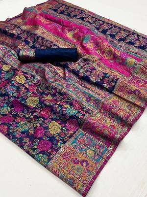 Design Blue Modal Kashmiri Pashmina Silk Bland Woven Saree With Blouse For Women 5