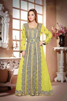 Yellow color Handmade Moroccan Kaftan with hijjab 1