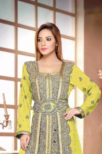 Yellow color Handmade Moroccan Kaftan with hijjab