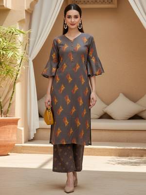 brown geometric pure cotton fancy kurta with palazzo set 1