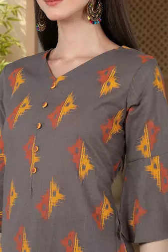brown geometric pure cotton fancy kurta with palazzo set