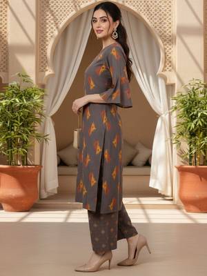 brown geometric pure cotton fancy kurta with palazzo set 3