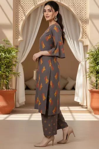 brown geometric pure cotton fancy kurta with palazzo set