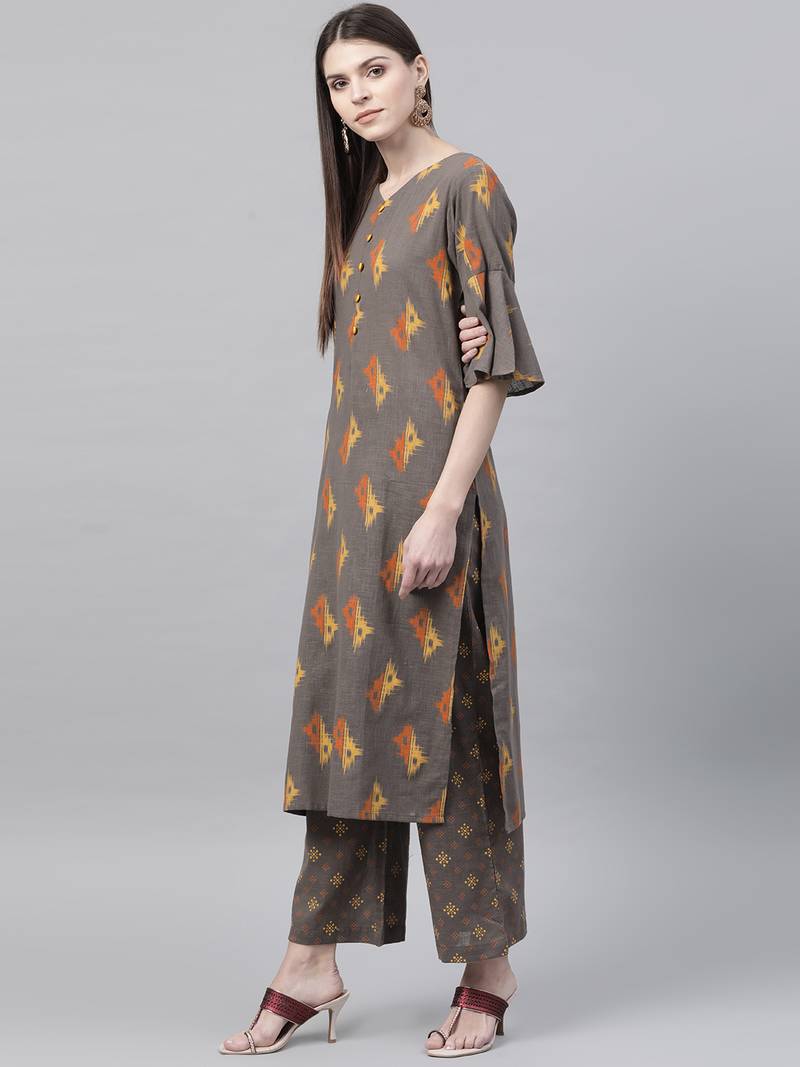 brown geometric pure cotton fancy kurta with palazzo set
