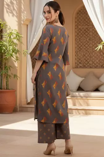 brown geometric pure cotton fancy kurta with palazzo set
