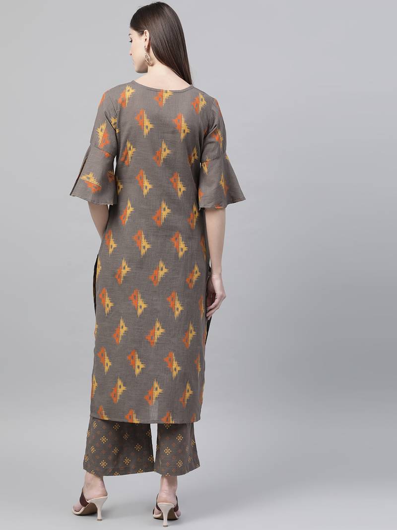 brown geometric pure cotton fancy kurta with palazzo set