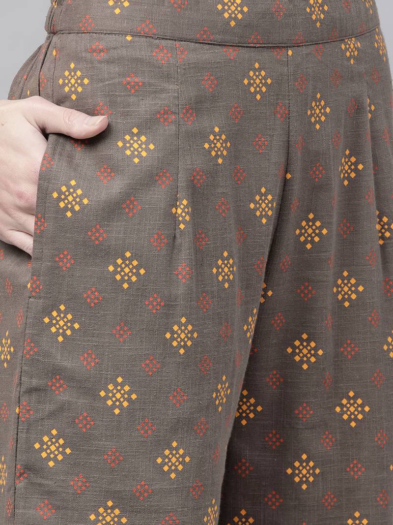 brown geometric pure cotton fancy kurta with palazzo set