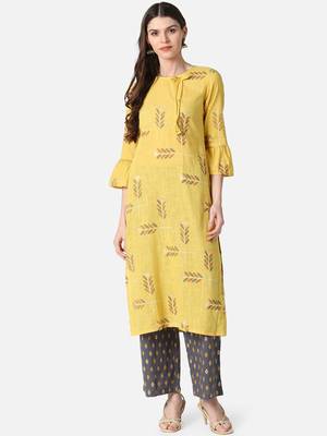yellow ethnic motifs pure cotton fancy kurta with palazzo set 1