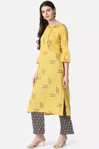 yellow ethnic motifs pure cotton fancy kurta with palazzo set