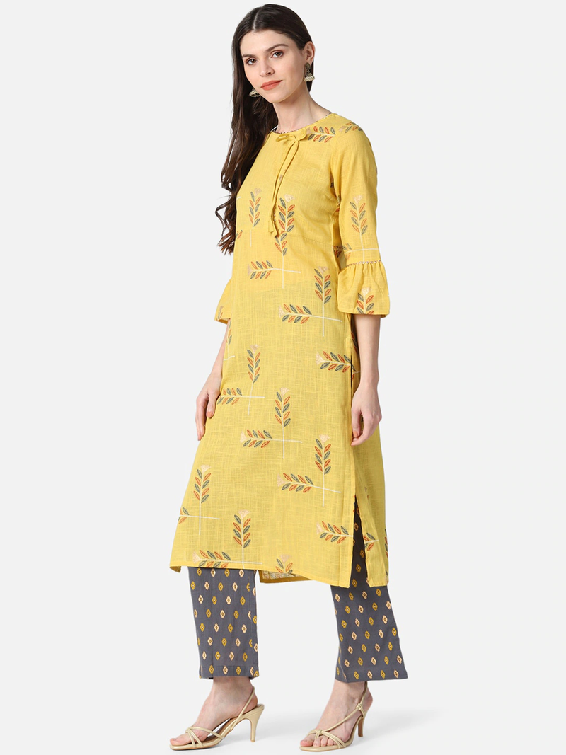 yellow ethnic motifs pure cotton fancy kurta with palazzo set