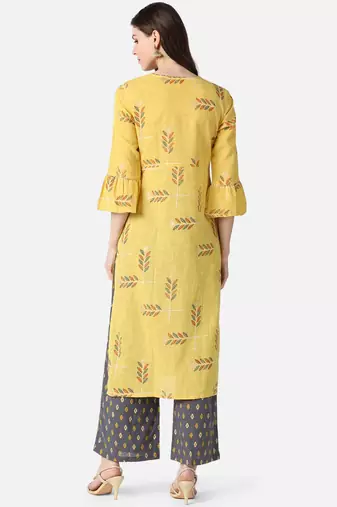 yellow ethnic motifs pure cotton fancy kurta with palazzo set