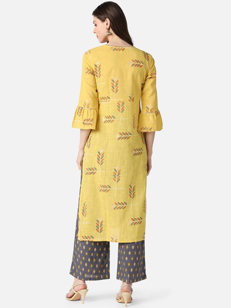 yellow ethnic motifs pure cotton fancy kurta with palazzo set