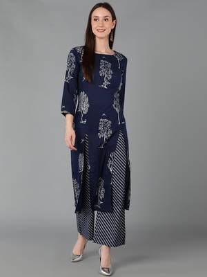 navy blue floral pure cotton fancy kurta with palazzo set 1