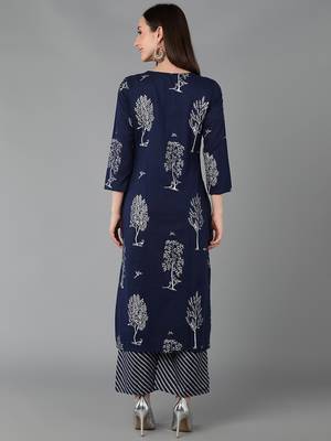 navy blue floral pure cotton fancy kurta with palazzo set 2