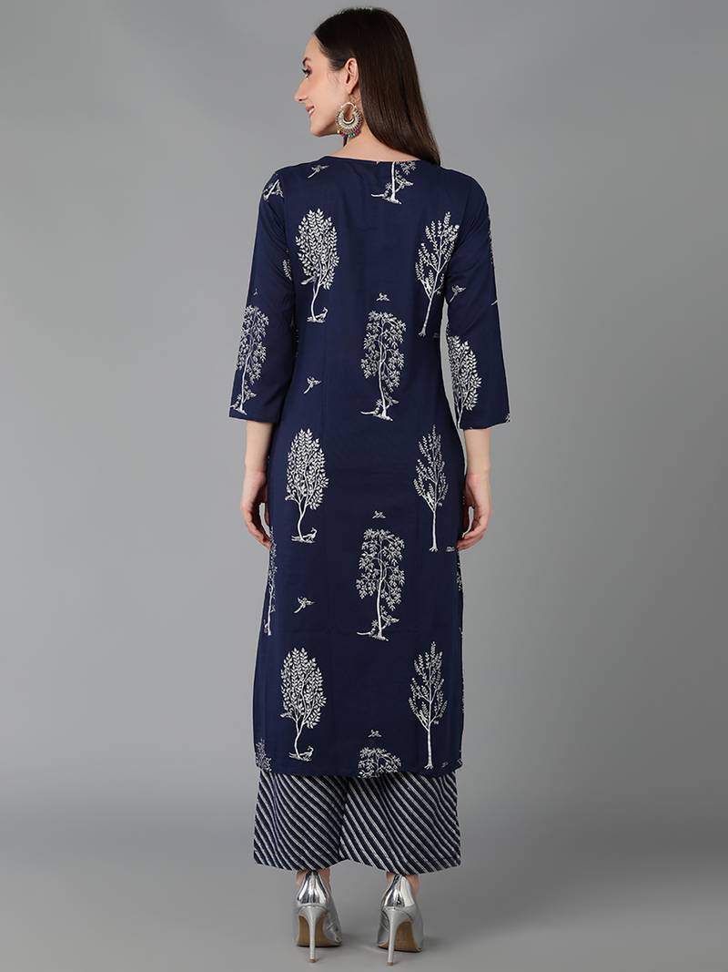 navy blue floral pure cotton fancy kurta with palazzo set