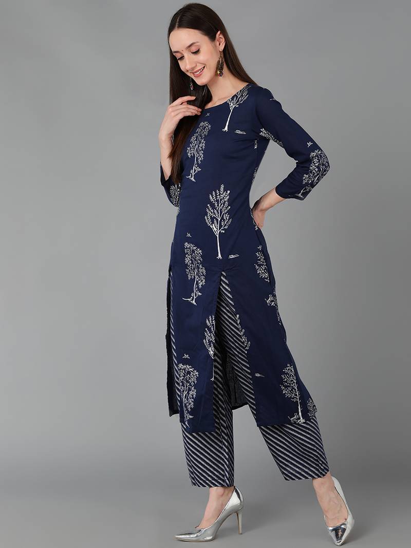 navy blue floral pure cotton fancy kurta with palazzo set
