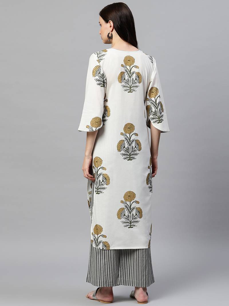 white ethnic motifs pure cotton fancy kurta with palazzo set