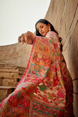 KORAMS DESIGN CREAM MODAL KASHMIRI PASHMINA SILK WOVEN SAREE WITH BLOUSE FOR WOMEN 2