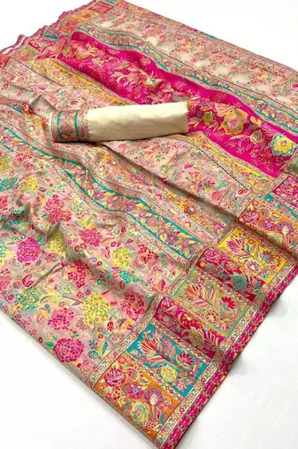 KORAMS DESIGN CREAM MODAL KASHMIRI PASHMINA SILK WOVEN SAREE WITH BLOUSE FOR WOMEN