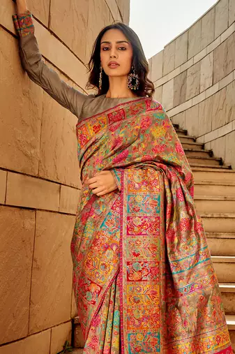 Grey Silk Blend Multicolour Floral Saree With Blouse For Women