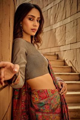 Grey Silk Blend Multicolour Floral Saree With Blouse For Women 3