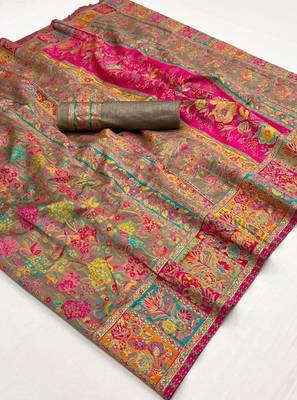 Grey Silk Blend Multicolour Floral Saree With Blouse For Women 5