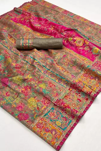 Grey Silk Blend Multicolour Floral Saree With Blouse For Women