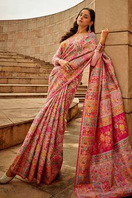 KORAMS DESIGN PINK MODAL KASHMIRI PASHMINA SILK WOVEN SAREE WITH BLOUSE FOR WOMEN 1