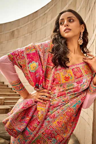 KORAMS DESIGN PINK MODAL KASHMIRI PASHMINA SILK WOVEN SAREE WITH BLOUSE FOR WOMEN