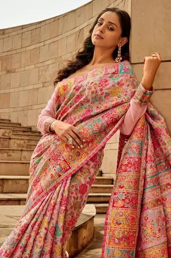 KORAMS DESIGN PINK MODAL KASHMIRI PASHMINA SILK WOVEN SAREE WITH BLOUSE FOR WOMEN
