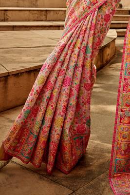 KORAMS DESIGN PINK MODAL KASHMIRI PASHMINA SILK WOVEN SAREE WITH BLOUSE FOR WOMEN 4