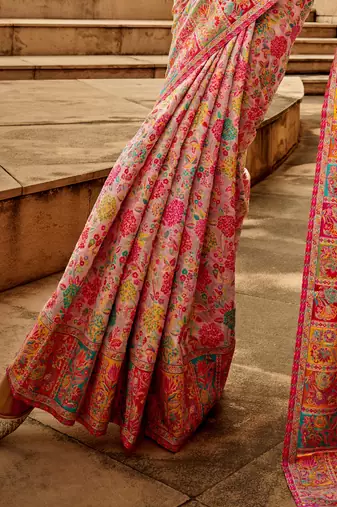 KORAMS DESIGN PINK MODAL KASHMIRI PASHMINA SILK WOVEN SAREE WITH BLOUSE FOR WOMEN