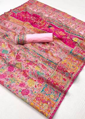 KORAMS DESIGN PINK MODAL KASHMIRI PASHMINA SILK WOVEN SAREE WITH BLOUSE FOR WOMEN 5