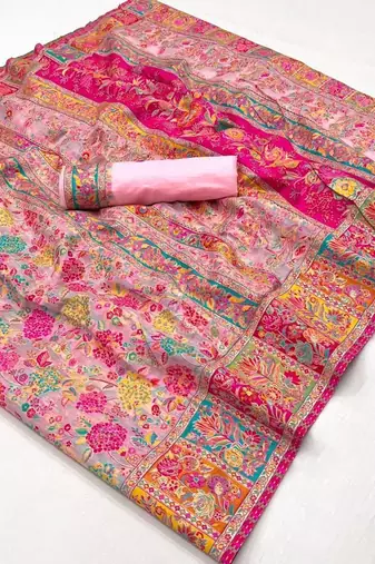 KORAMS DESIGN PINK MODAL KASHMIRI PASHMINA SILK WOVEN SAREE WITH BLOUSE FOR WOMEN