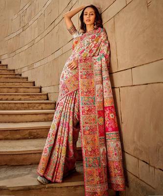 WHITE MODAL KASHMIRI PASHMINA SILK WOVEN SAREE WITH BLOUSE FOR WOMEN 1