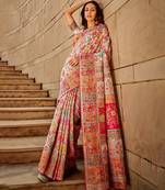 KORAMS DESIGN WHITE MODAL KASHMIRI PASHMINA SILK WOVEN SAREE WITH BLOUSE FOR WOMEN