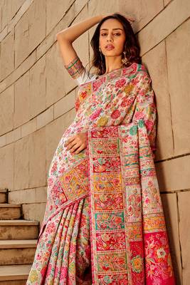 WHITE MODAL KASHMIRI PASHMINA SILK WOVEN SAREE WITH BLOUSE FOR WOMEN 3