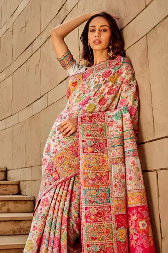WHITE MODAL KASHMIRI PASHMINA SILK WOVEN SAREE WITH BLOUSE FOR WOMEN