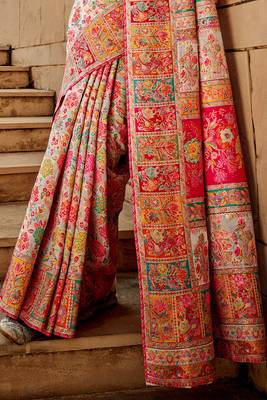 WHITE MODAL KASHMIRI PASHMINA SILK WOVEN SAREE WITH BLOUSE FOR WOMEN 4