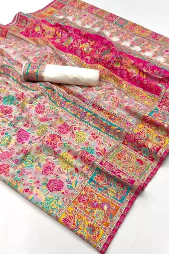 WHITE MODAL KASHMIRI PASHMINA SILK WOVEN SAREE WITH BLOUSE FOR WOMEN