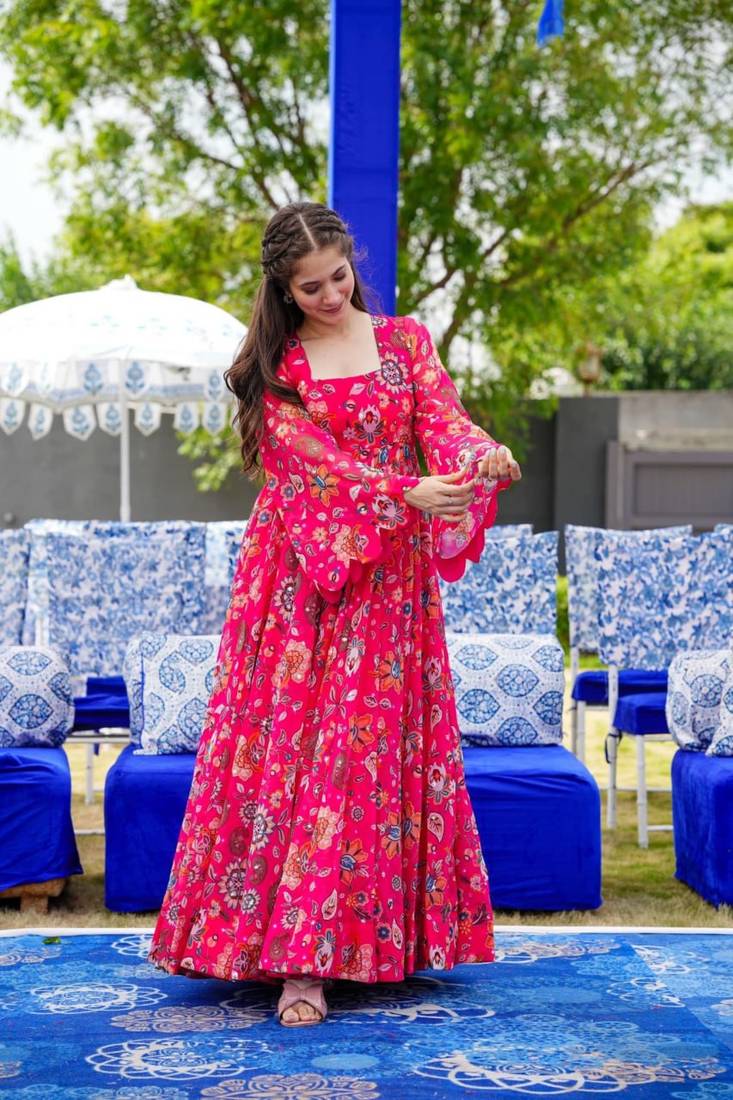 Pink and Majenta Georgette Engagement Gown with Digital Print Accents - Aazuri - 4345370 Pink and Majenta Georgette Engagement Gown with Digital Print Accents - Aazuri - 4345370