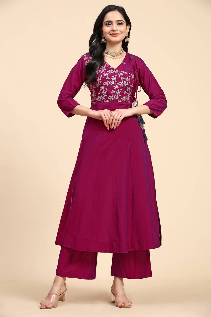 Trendmalls  Leeva Silk Embroidery Salwar Suit Set Angarkha Kurta Palazzo with Dupatta