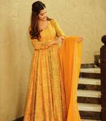 YELLOW Georgette Engagement Gown with Digital Print Accents