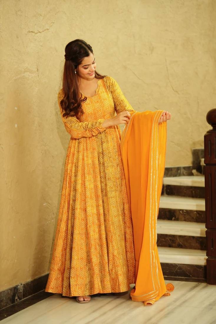 YELLOW Georgette Engagement Gown with Digital Print Accents