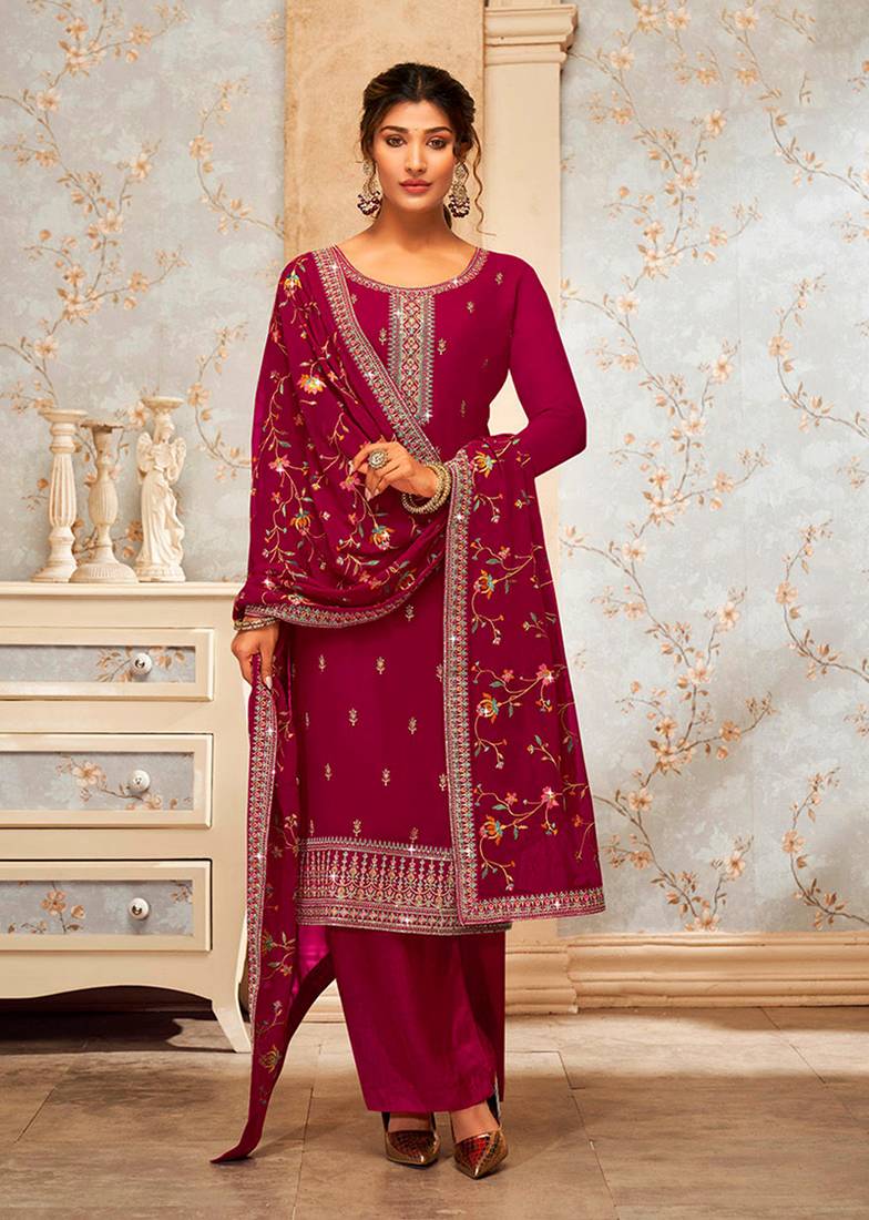 Crimson colour designer georgette straight cut salwar suit