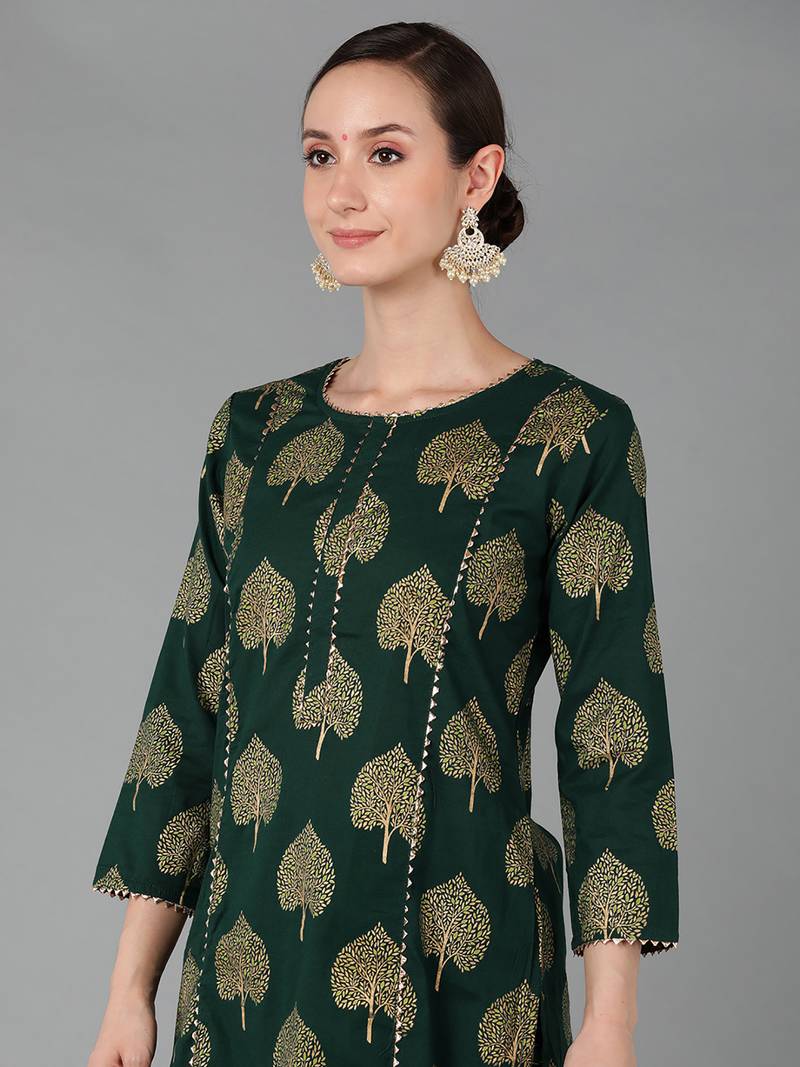 green ethnic motifs pure cotton fancy kurta with palazzo set