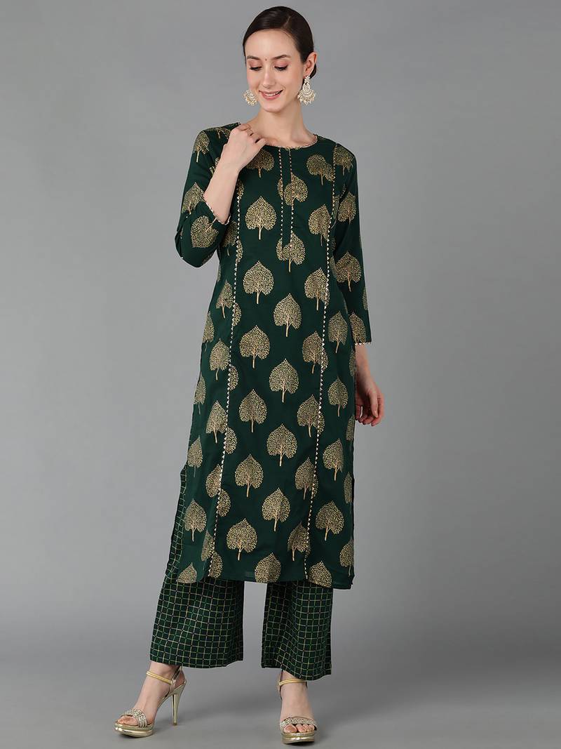 green ethnic motifs pure cotton fancy kurta with palazzo set
