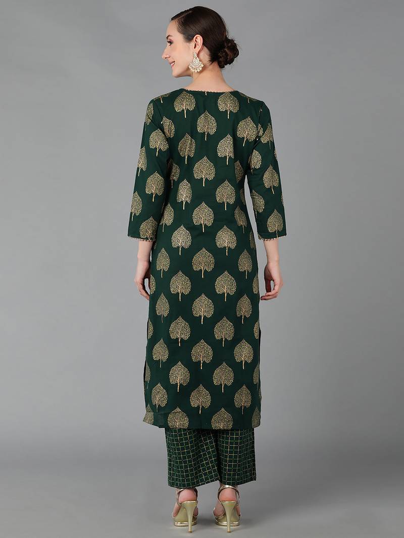 green ethnic motifs pure cotton fancy kurta with palazzo set