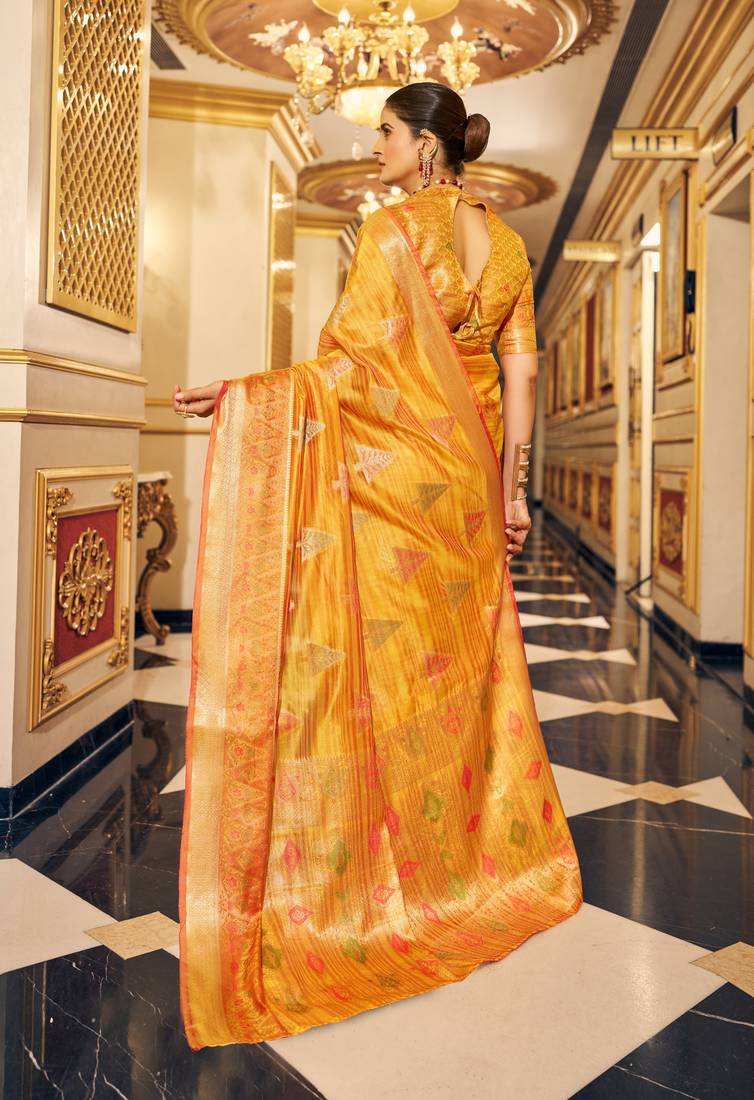 Yellow Banarasi Tussar Silk Zari Woven Saree With Brocade Blouse For Women